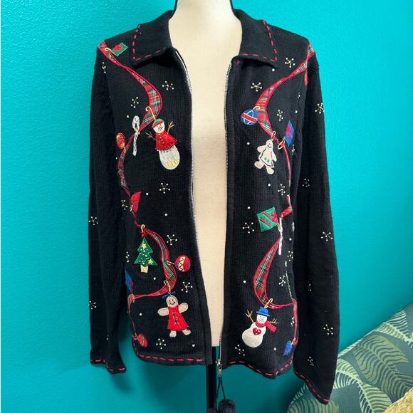 Erika Vintage Black Zip Christmas Gingerbread Snowman Knit Sweater Medium - Picture 8 of 13